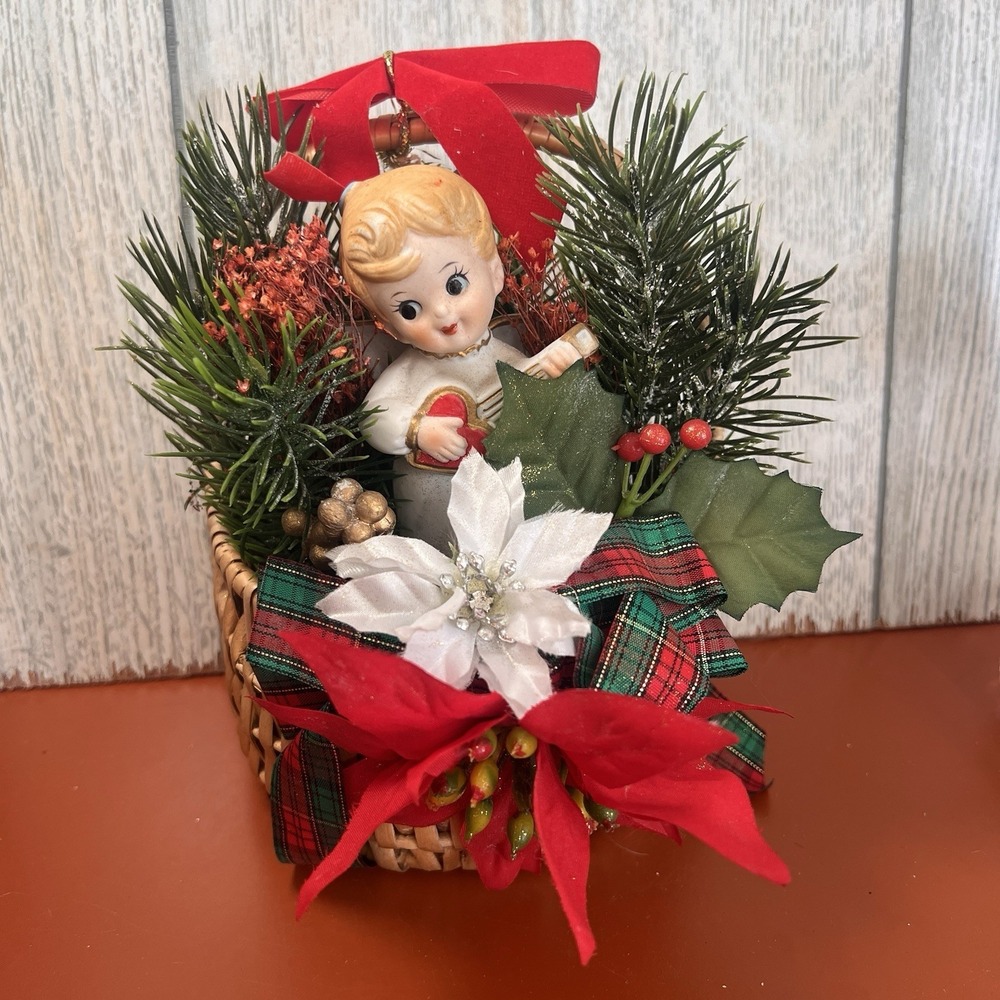 Vintage Kitschy‎ Christmas Lefton boy heart guitar 60's poinsettia greenery
